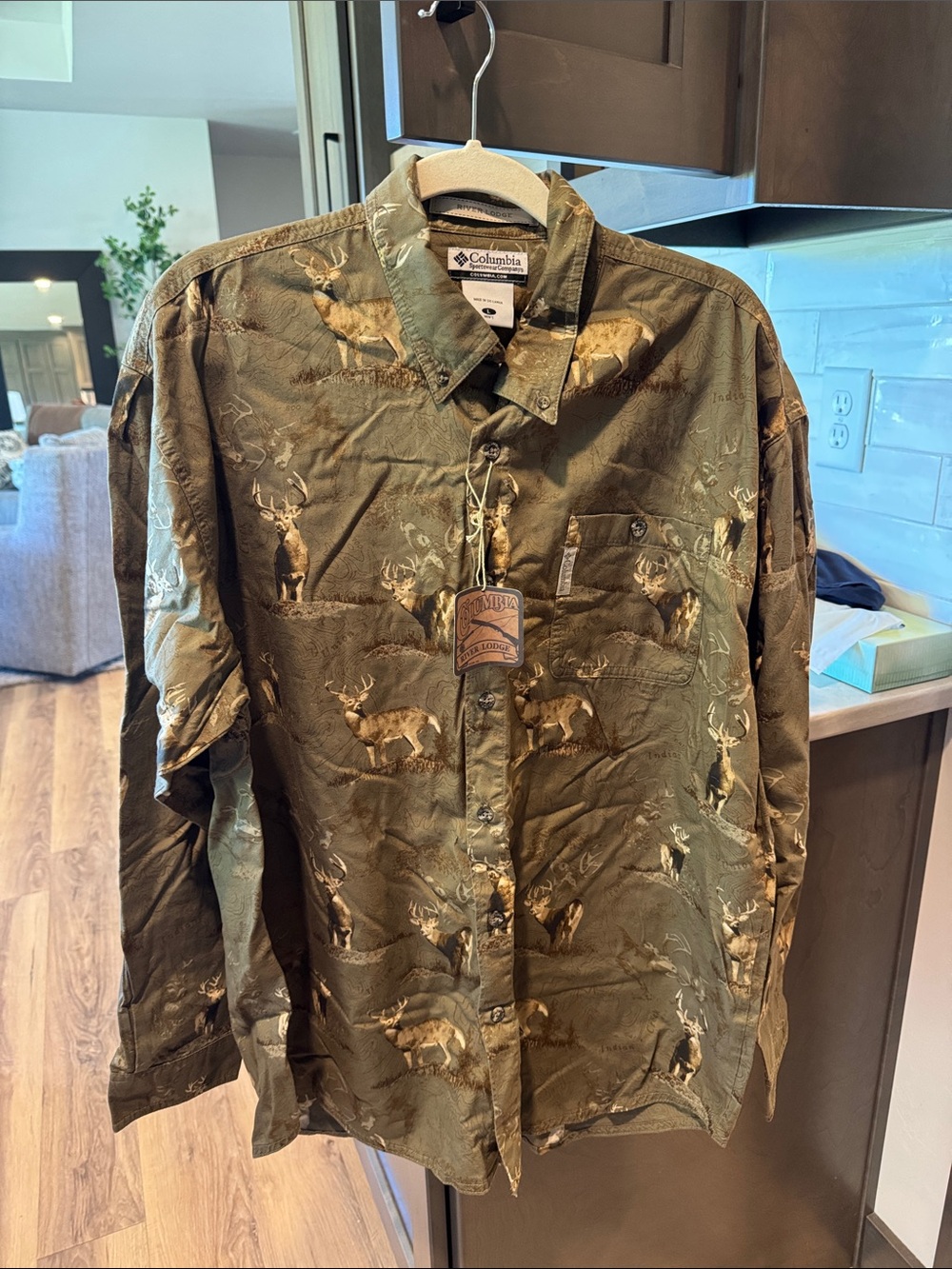 Columbia Olive Green Deer-Print Button Shirt